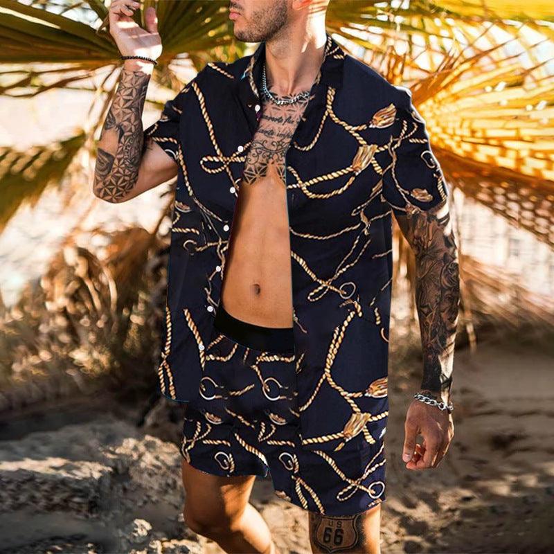 Summer Men Hawaiian Sets Printed Breathable Lapel Short Sleeve Shirtelastic Waist Beach Shorts Streetwear Casual Men Sets 2 Piec - Elite Essence Store