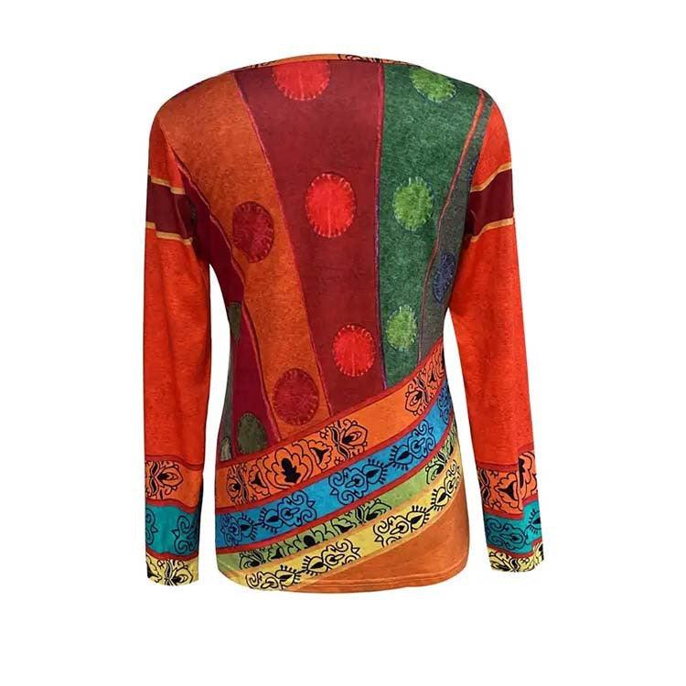 Button V-neck Color Contrast Long Sleeve T-shirt - Elite Essence Store