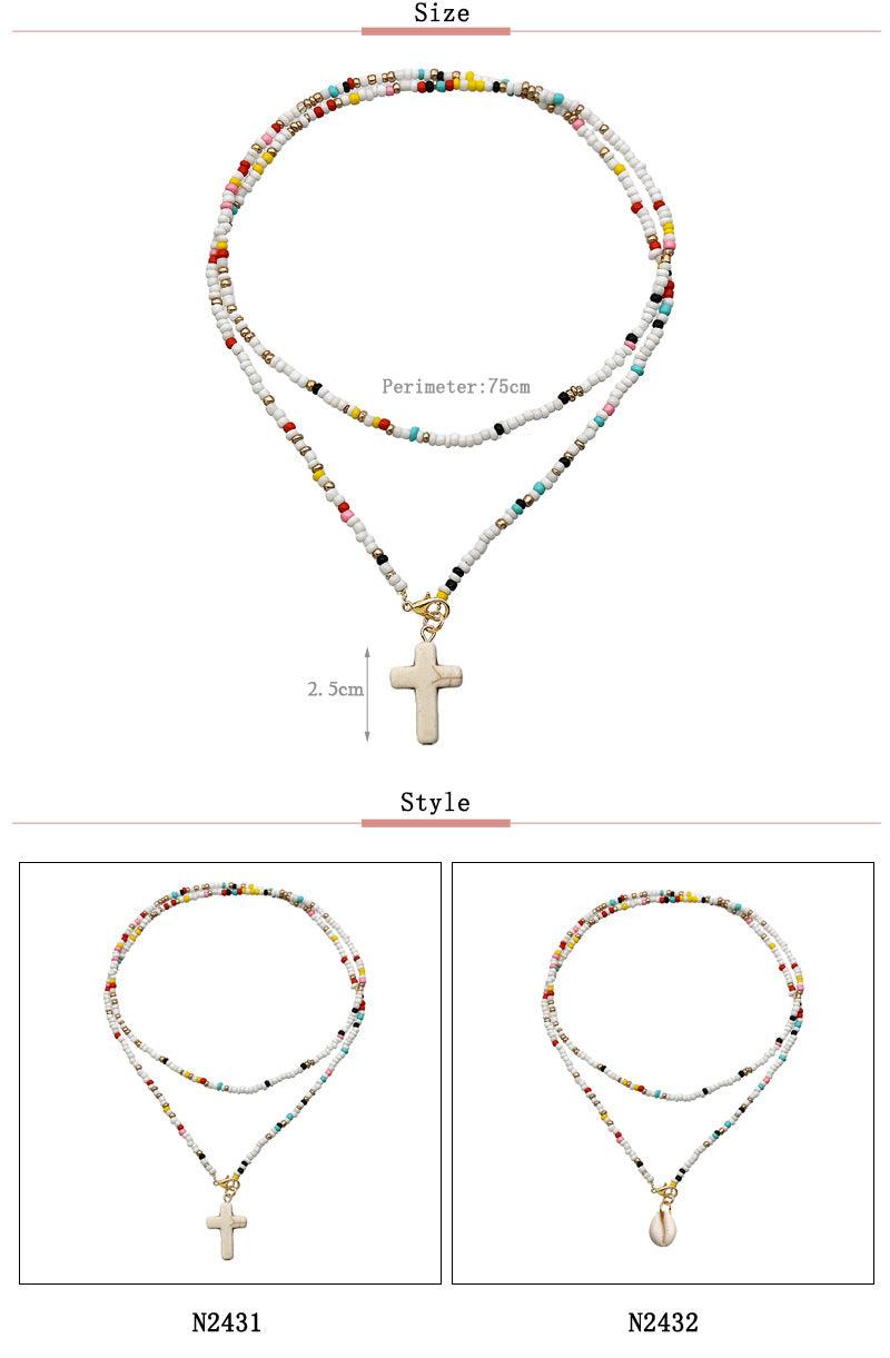 Handmade Color Small Rice-shaped Beads Long Double-layer Shell Cross Pendant Necklace - Elite Essence Store