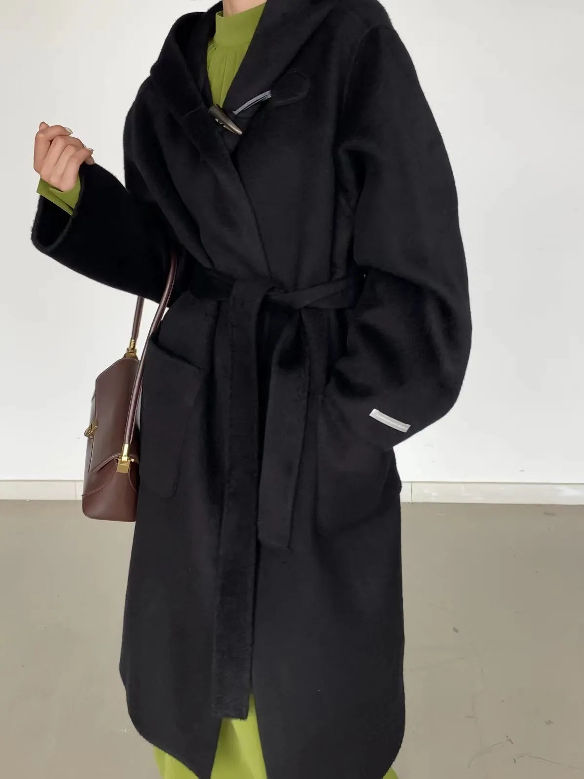 Hooded Dehaired Angora Horn Button Design Cape Reversible Cashmere Coat