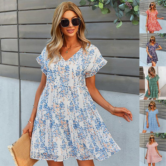 Flowers Print Short-sleeved Dress Summer Loose Chiffon A-line Dresses Fashion Casual Holiday Beach Dress For Womens Clothing - Elite Essence Store