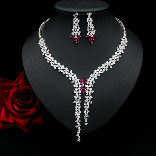 Silver Needle Fashion Exaggerated Inlaid Zircon Earrings And Necklace Set - Elite Essence Store