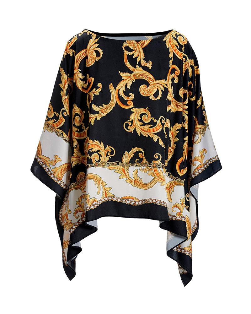 Women's Baroque Print Loose Batwing Sleeve Top - Elite Essence Store