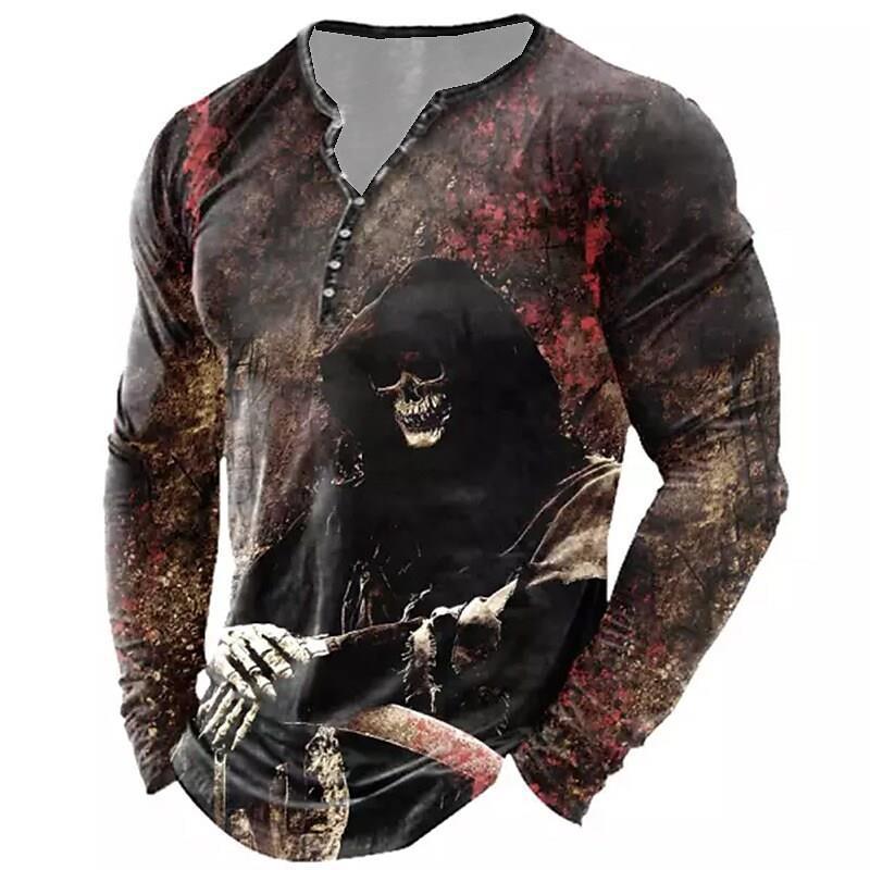 European And American Vintage Print Seven Button Open Placket Skull Long Sleeve T-shirt - Elite Essence Store