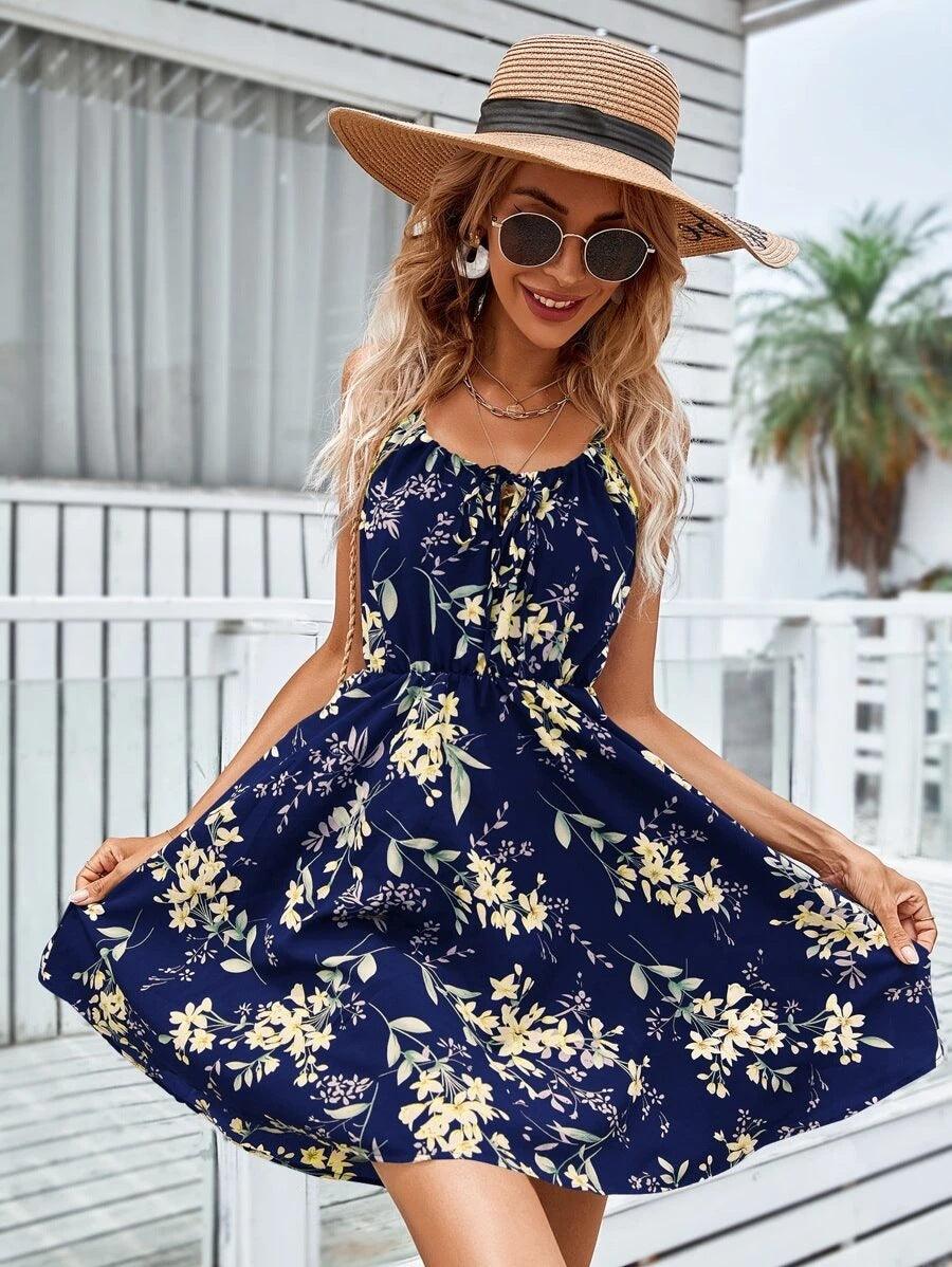 Floral Print Suspender Dress With Elastic Waist Design Fashion Summer Short Dresses Womens Clothing - Elite Essence Store