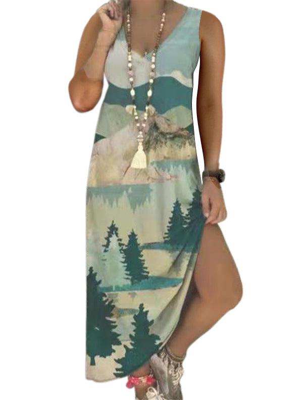 V-Neck Printed Sleeveless Long Jumpsuit Casual Beach Dress - Elite Essence Store