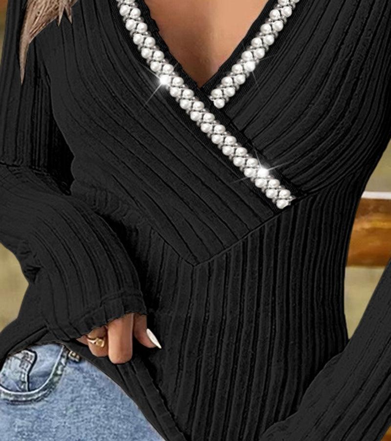 Bubble Beads V-neck Cross Sunken Stripe Top - Elite Essence Store