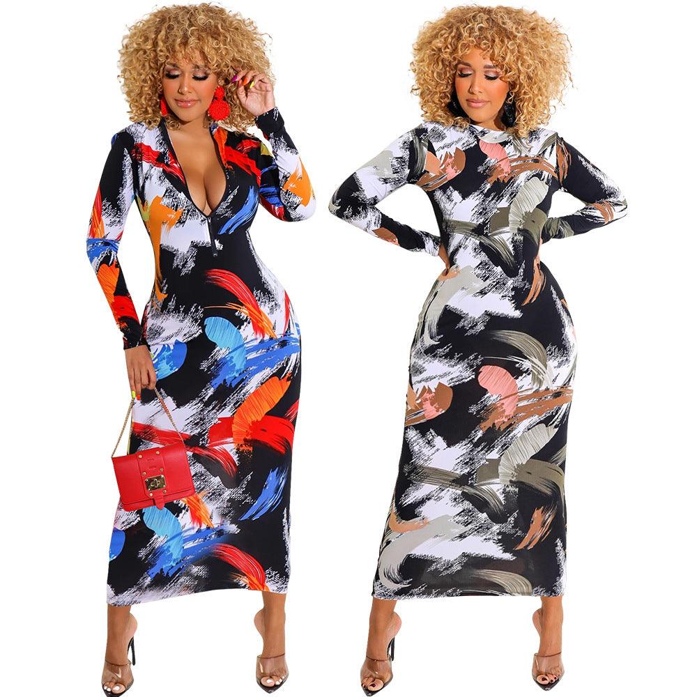 Printed Zipper Double-sided Long Sleeve Dress - Elite Essence Store