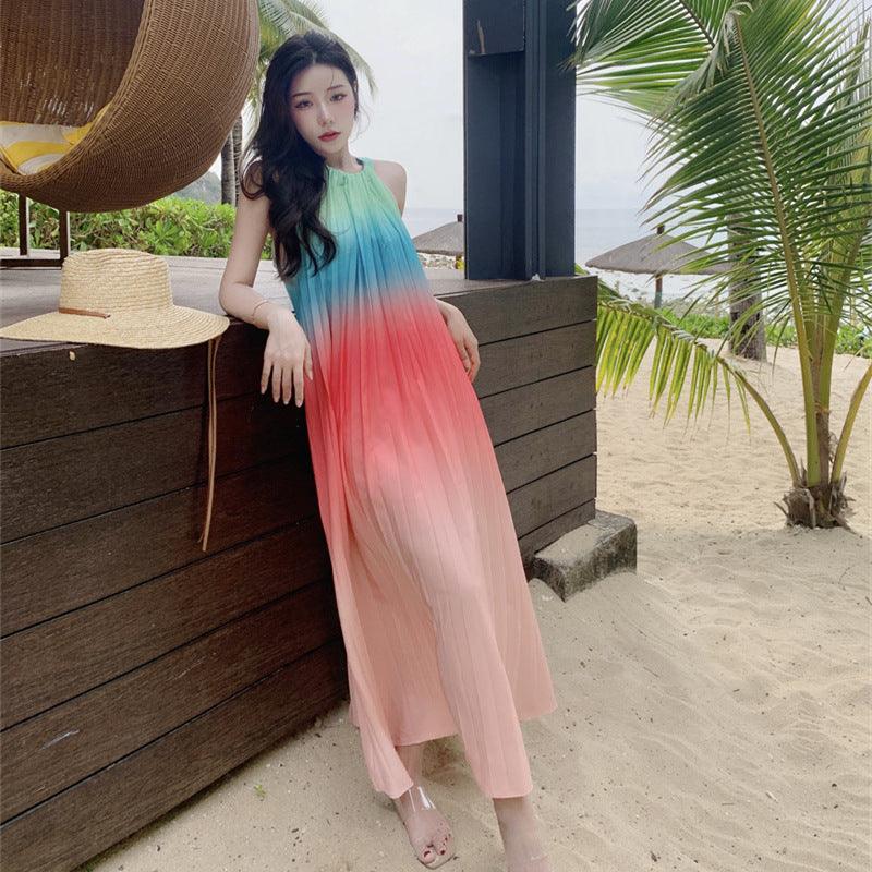 Loose Big Swing Beach Seaside Holiday Pleated Dress - Elite Essence Store