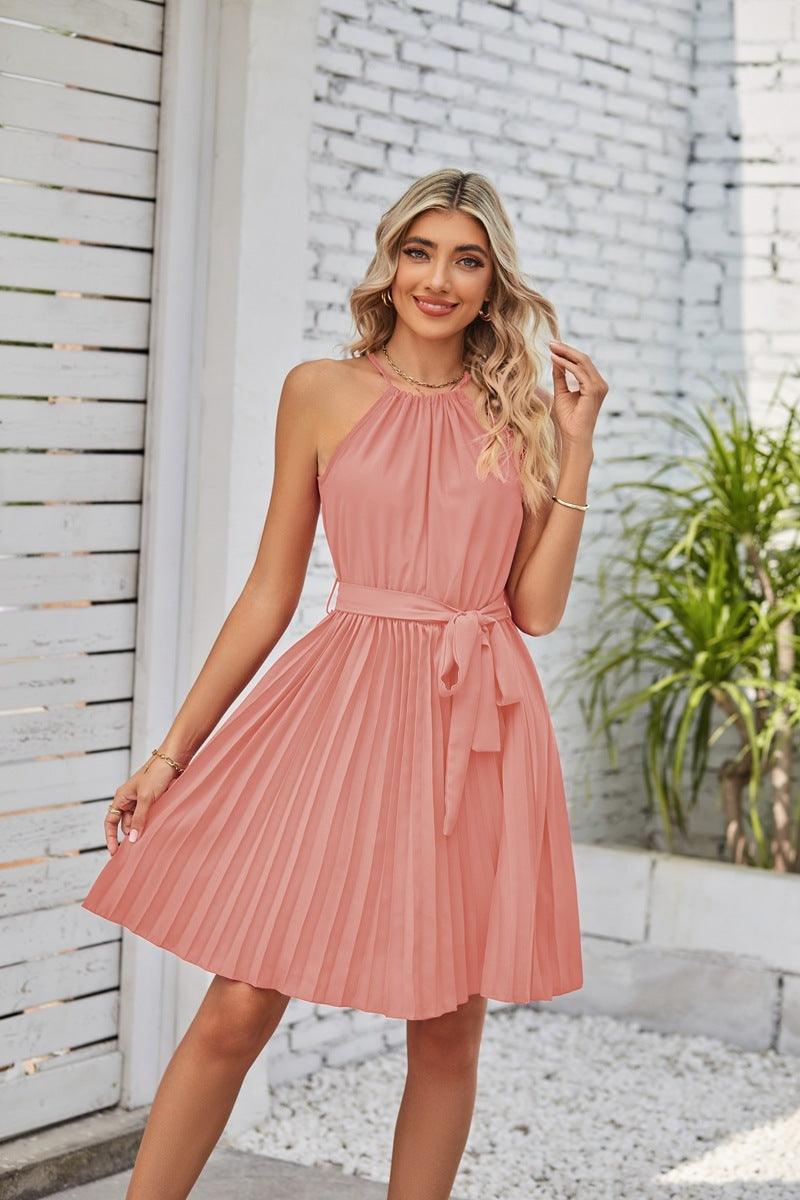 Halter Strapless Dresses For Women Solid Pleated Skirt Summer Beach Sundress - Elite Essence Store