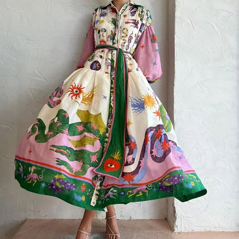 Elegant Lantern Sleeve Printed Long Lapel And Waist Tight Long Sleeve Dress