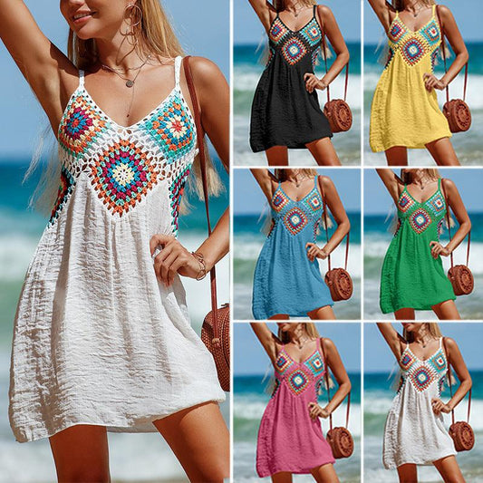 Summer Sleeveless Dress Bohemia Stitching Colorful Pattern V-neck Hollow Beach Dress - Elite Essence Store