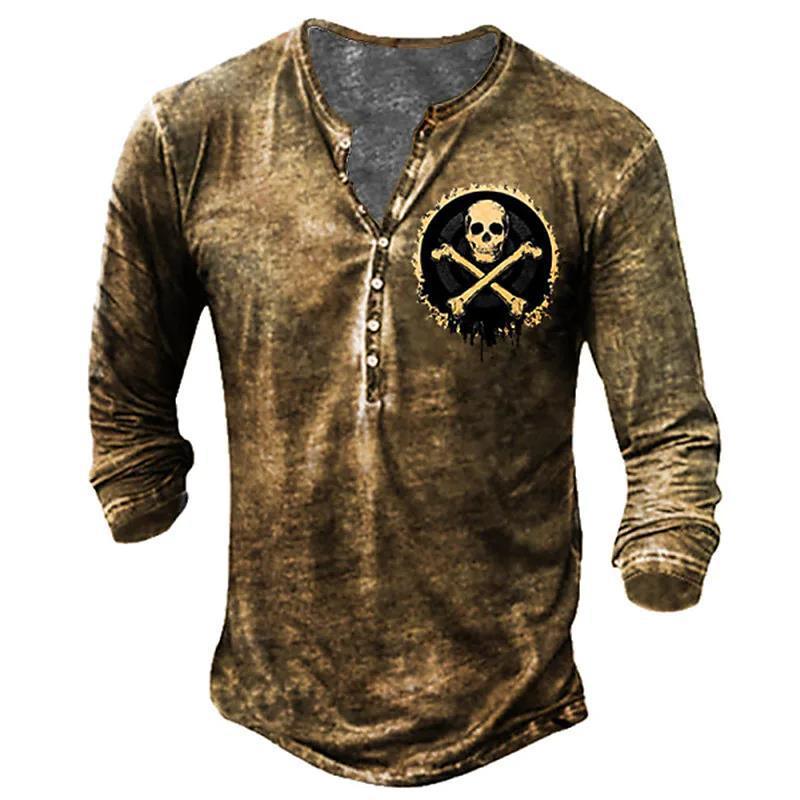 European And American Vintage Print Seven Button Open Placket Skull Long Sleeve T-shirt - Elite Essence Store