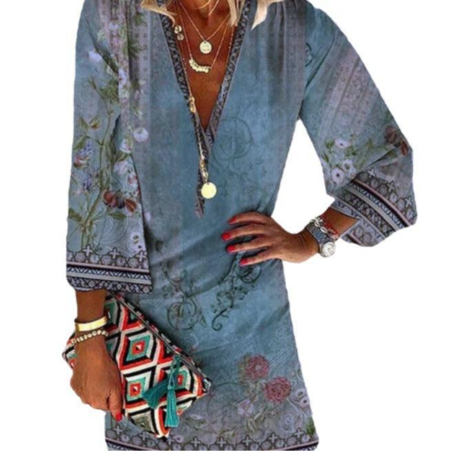 Summer V-neck Hanging Long Sleeve Printed Beach Bohemian Style Short Loose Dress Women - Elite Essence Store