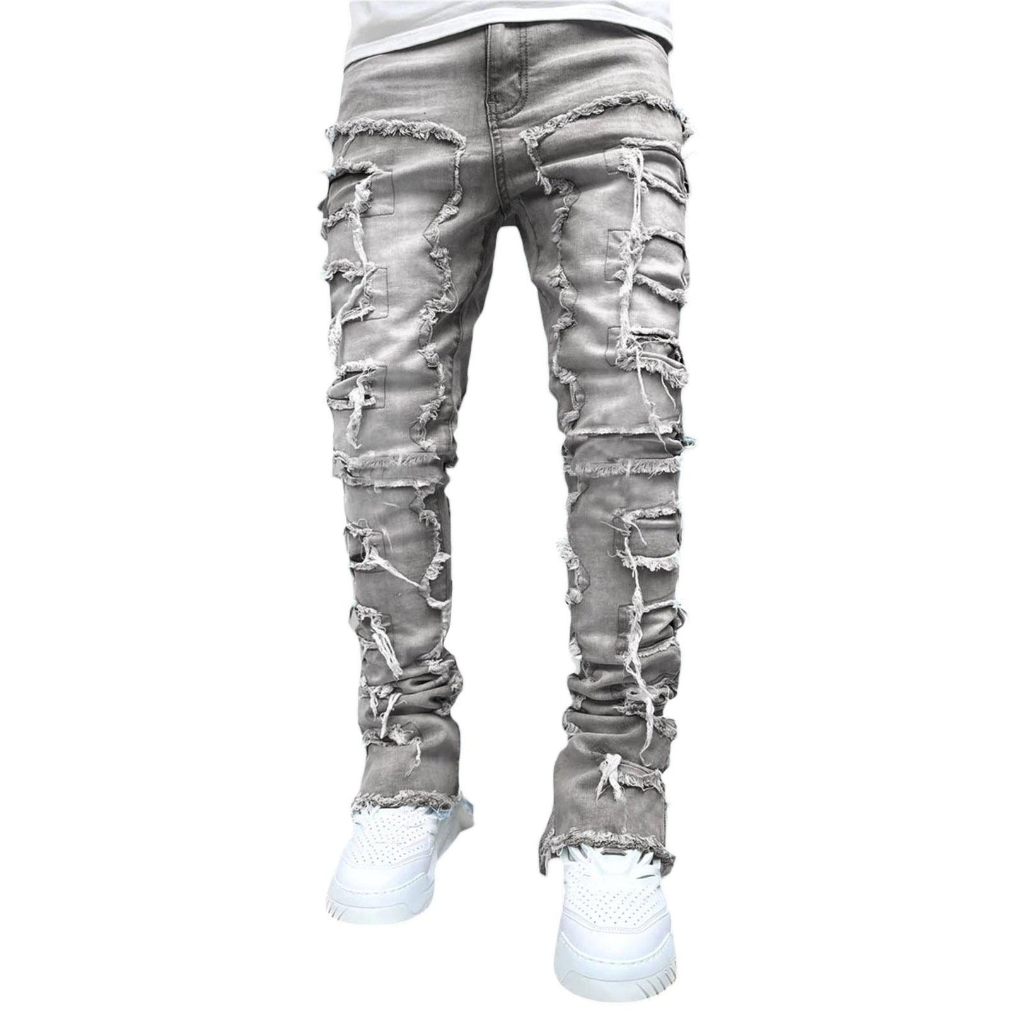 Men Trousers Individual Patched Pants Long Tight Fit Stacked Jeans For Mens Clothing - Elite Essence Store