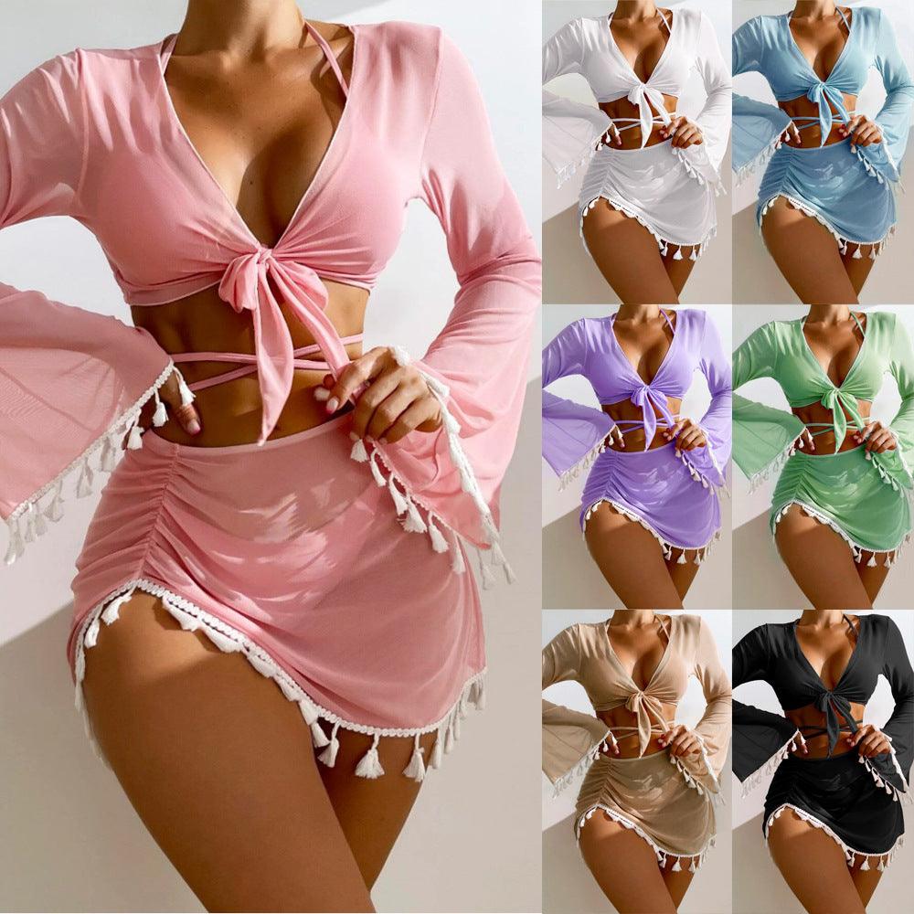 4pcs Solid Color Bikini With Short Skirt And Long Sleeve Cover-up Fashion Bow Tie Fringed Swimsuit Set Summer Beach Womens Clothing - Elite Essence Store