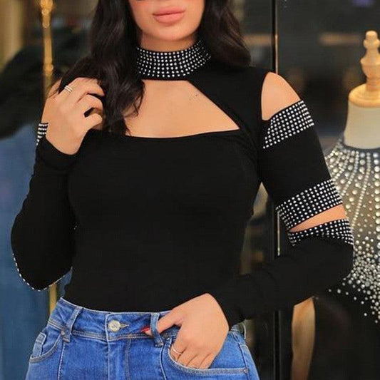 Black Rhinestone Turtleneck Off-the-shoulder Split Top - Elite Essence Store