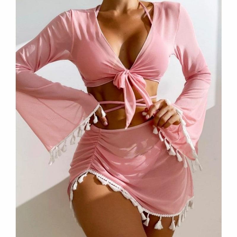 4pcs Solid Color Bikini With Short Skirt And Long Sleeve Cover-up Fashion Bow Tie Fringed Swimsuit Set Summer Beach Womens Clothing - Elite Essence Store