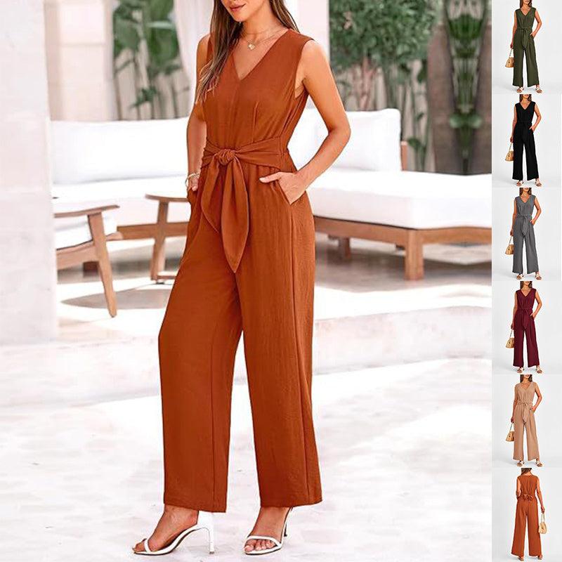 New V-neck Sleeveless Long Jumpsuit With Pockets And Lace-up Design Wide-leg Straight Trousers Summer Womens Clothing - Elite Essence Store