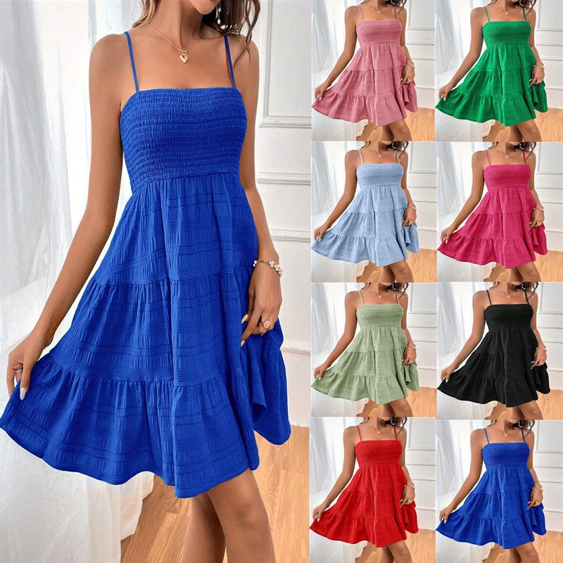 Summer Square-collar Suspender Pleated Dress Fashion Solid Color Beach Dresses For Womens Clothing - Elite Essence Store