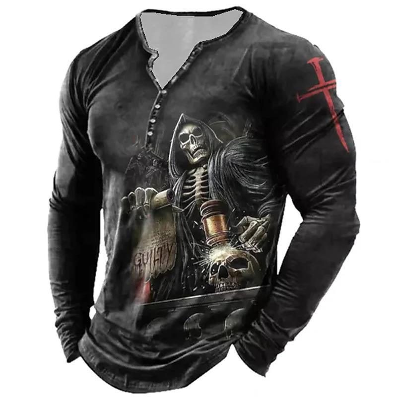 European And American Vintage Print Seven Button Open Placket Skull Long Sleeve T-shirt - Elite Essence Store