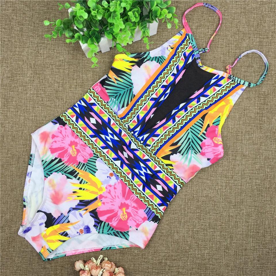 Sexy Mesh One Piece Swimsuit High Cut Swimwear Women Floral Bathing Suit Patchwork Bikini - Elite Essence Store