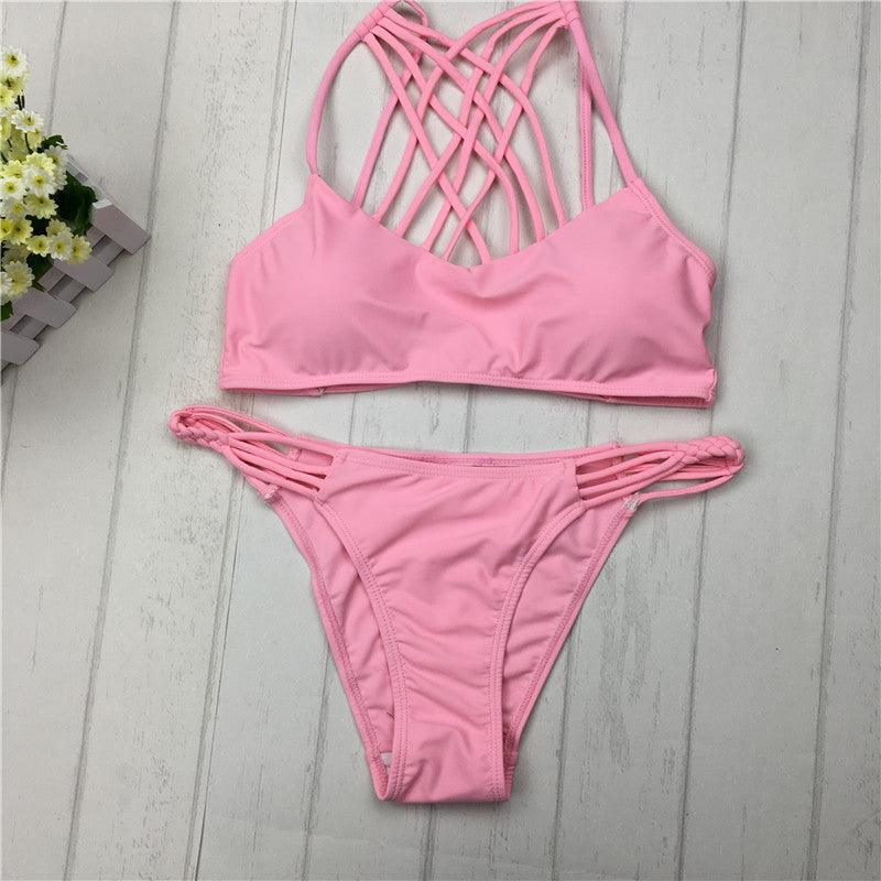 cut out Bikinis Sexy pink bandage cut out Halter bikini swimsuit women cross Women's swimwear swimming suit - Elite Essence Store