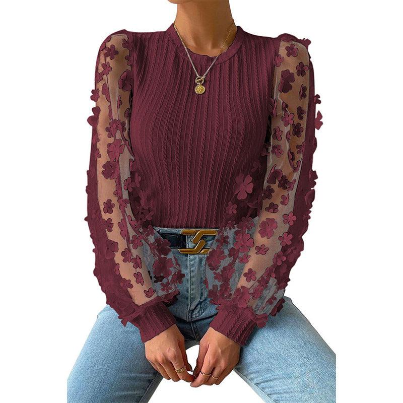 Women's Mesh Small Flower Chiffon Shirt Summer Round Neck Long Sleeve Top - Elite Essence Store