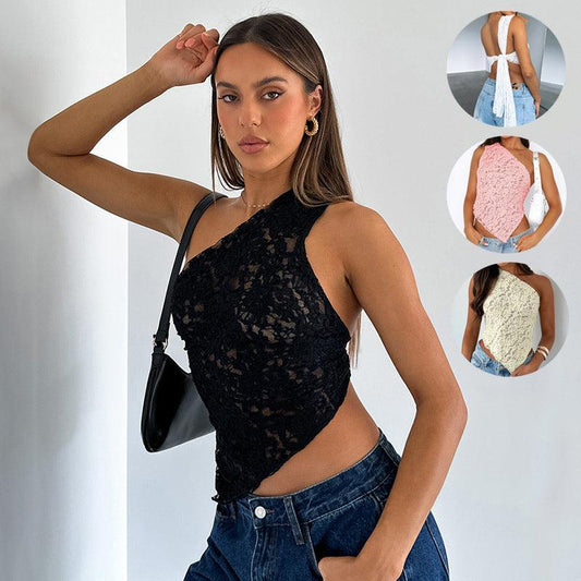 Ins Lace Backless Top Summer Solid Color Waistless Asymmetrical Sloped Neck Vest Streetwear Womens Clothes - Elite Essence Store