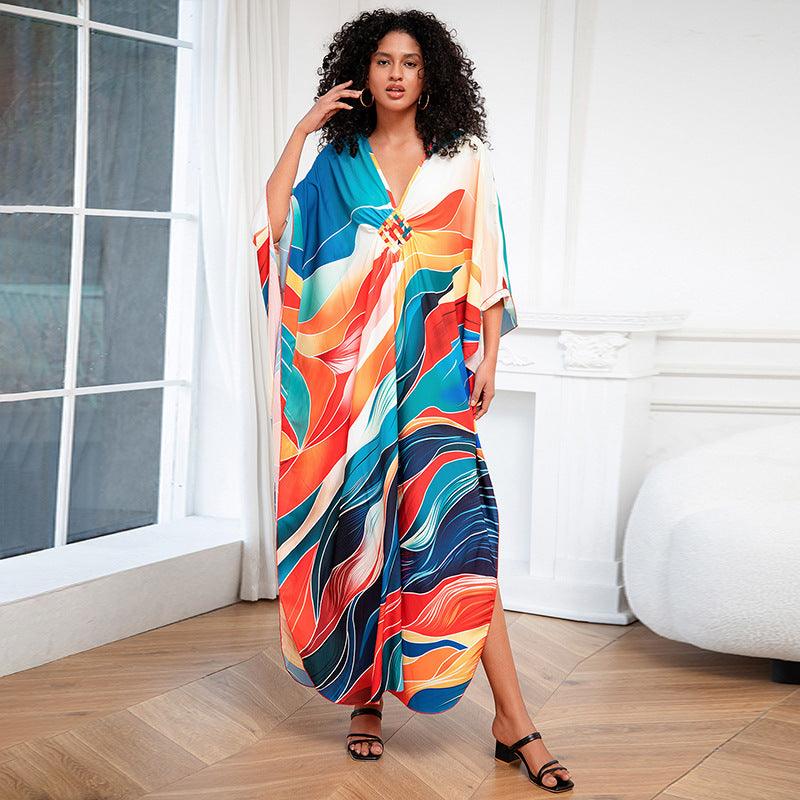 Print Holiday Loose Plus Size Robe Beach Cover-up Dress - Elite Essence Store