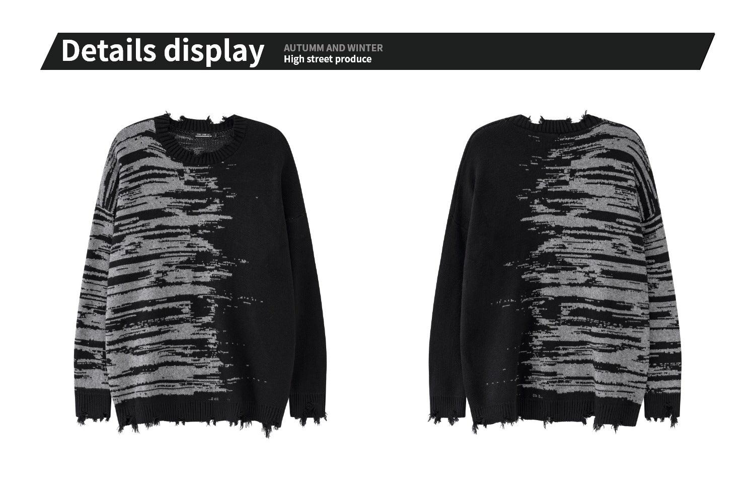 Zebra Pattern Color Matching Ripped Tassel Loose Round Neck Knitted Sweater - Elite Essence Store