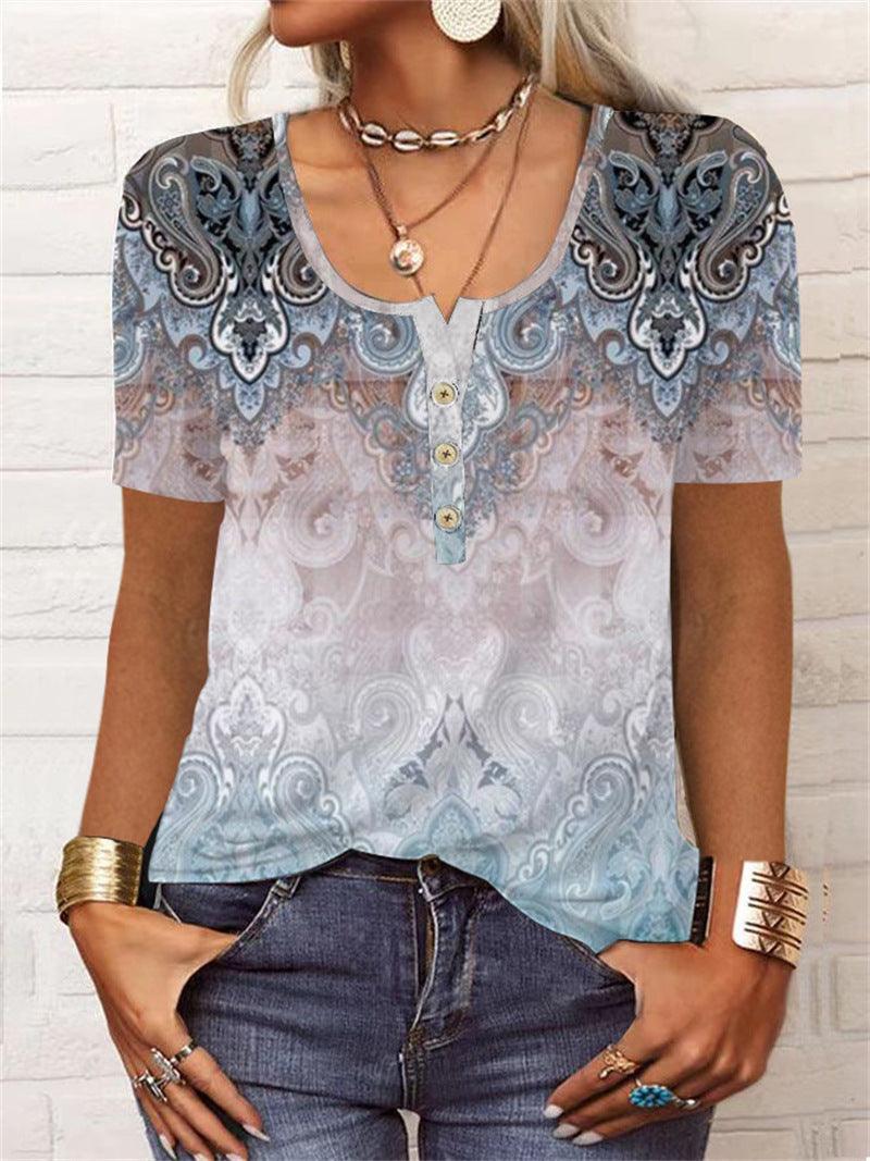 Summer Loose Short Sleeves Geometric Floral U-neck Button T-shirt - Elite Essence Store