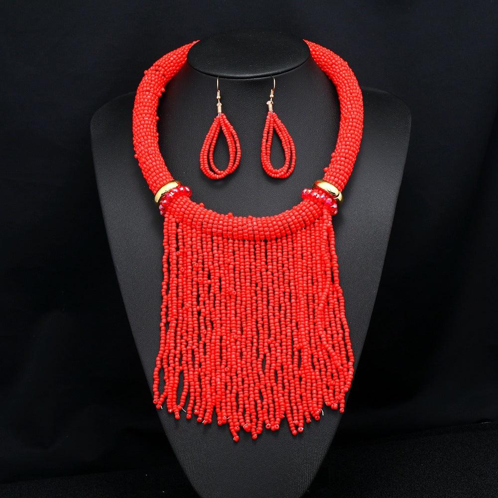 Ethnic Style Tassel Bead Necklace And Earrings Suite - Elite Essence Store