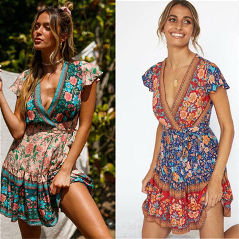 Positioning Printed Collar Bohemian Wrap Holiday Beach Dress - Elite Essence Store