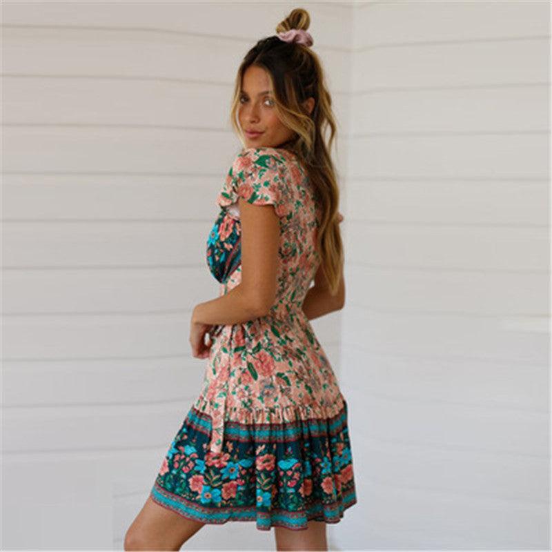 Positioning Printed Collar Bohemian Wrap Holiday Beach Dress - Elite Essence Store