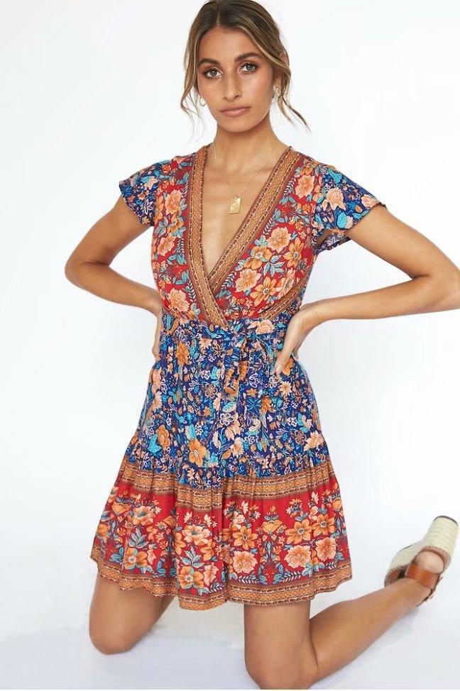 Positioning Printed Collar Bohemian Wrap Holiday Beach Dress - Elite Essence Store