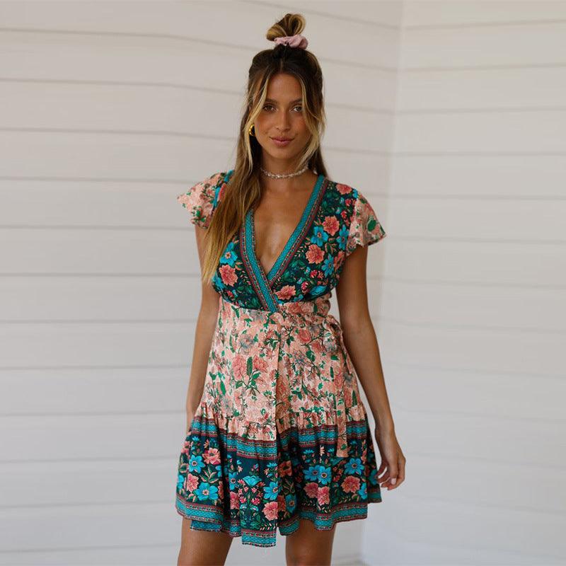 Positioning Printed Collar Bohemian Wrap Holiday Beach Dress - Elite Essence Store