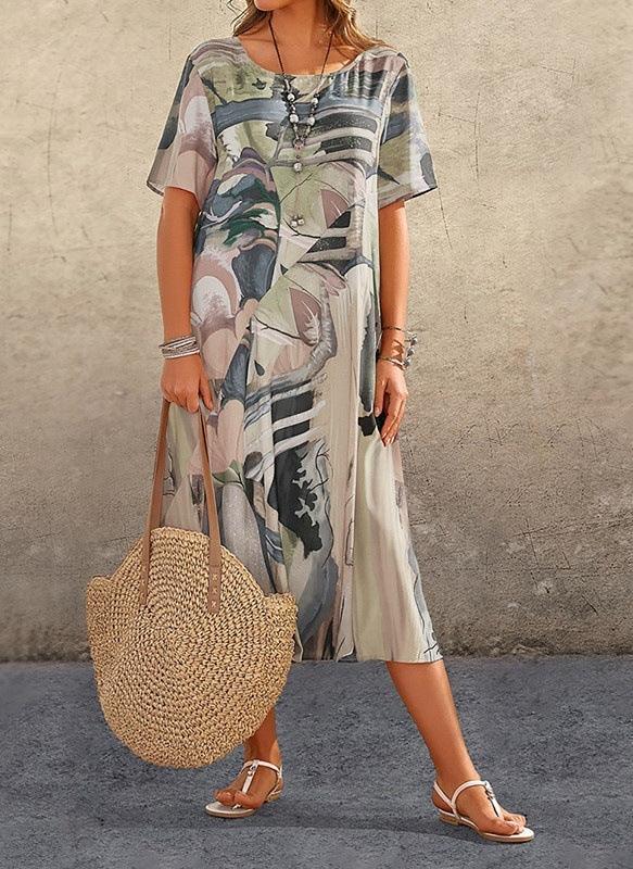 Fashion Casual Printed Dress Summer Short Sleeved Waist Round Neck Loose Beach Long Skirt - Elite Essence Store