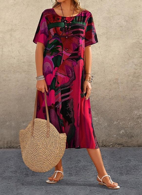 Fashion Casual Printed Dress Summer Short Sleeved Waist Round Neck Loose Beach Long Skirt - Elite Essence Store