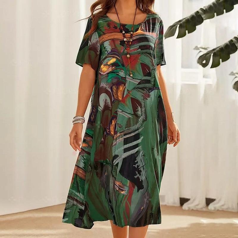 Fashion Casual Printed Dress Summer Short Sleeved Waist Round Neck Loose Beach Long Skirt - Elite Essence Store