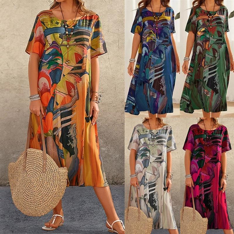 Fashion Casual Printed Dress Summer Short Sleeved Waist Round Neck Loose Beach Long Skirt - Elite Essence Store