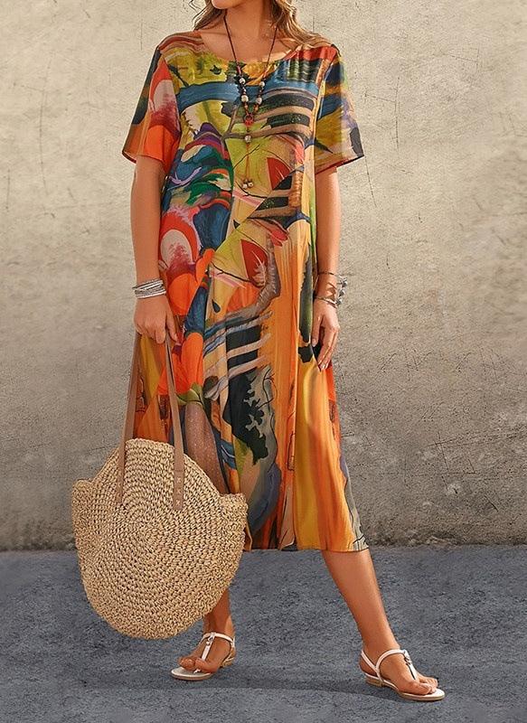 Fashion Casual Printed Dress Summer Short Sleeved Waist Round Neck Loose Beach Long Skirt - Elite Essence Store