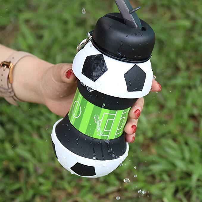 Football Soccer Silicone Water Bottle with Straw Foldable Collapsible Travel Non-toxic Bottles Innovating Camping - Elite Essence Store