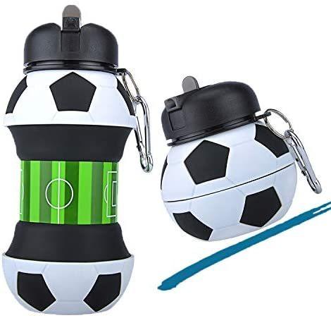 Football Soccer Silicone Water Bottle with Straw Foldable Collapsible Travel Non-toxic Bottles Innovating Camping - Elite Essence Store