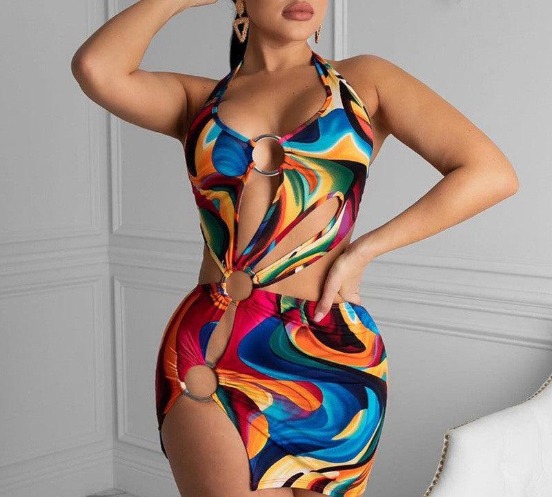 Adogirl Summer Hollow Out Halter Dress Sexy Backless Women Multicolor Evening Party Club Beach Wear Skinny Mini Dresses Vestido - Elite Essence Store