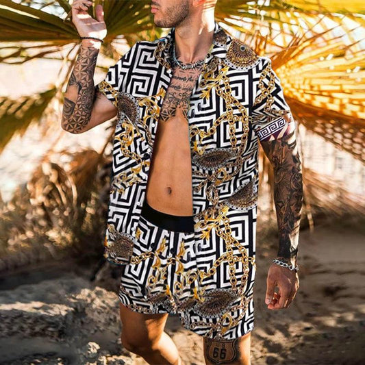 Summer Men Hawaiian Sets Printed Breathable Lapel Short Sleeve Shirtelastic Waist Beach Shorts Streetwear Casual Men Sets 2 Piec - Elite Essence Store