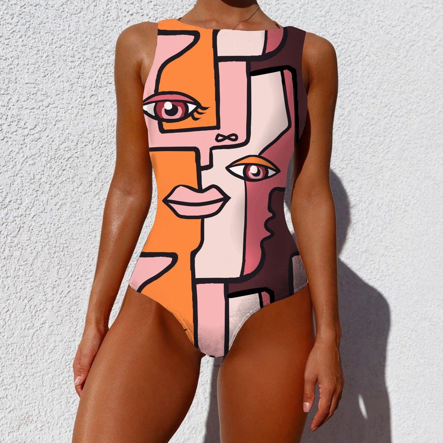 One-piece Fashion Vintage Abstract Print Lady Swimsuit Women Sleeveless Round Neck Bikini Swimwear Summer Push Up Swimsuit - Elite Essence Store