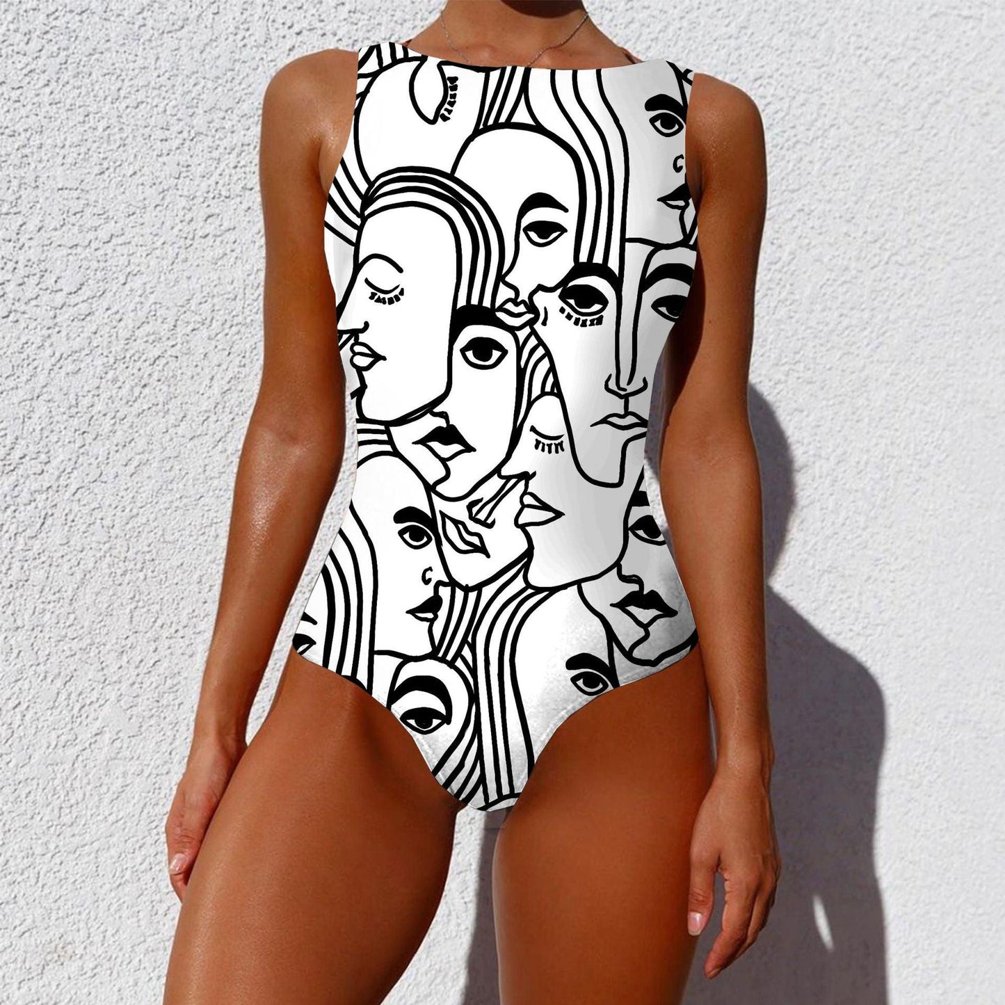 One-piece Fashion Vintage Abstract Print Lady Swimsuit Women Sleeveless Round Neck Bikini Swimwear Summer Push Up Swimsuit - Elite Essence Store