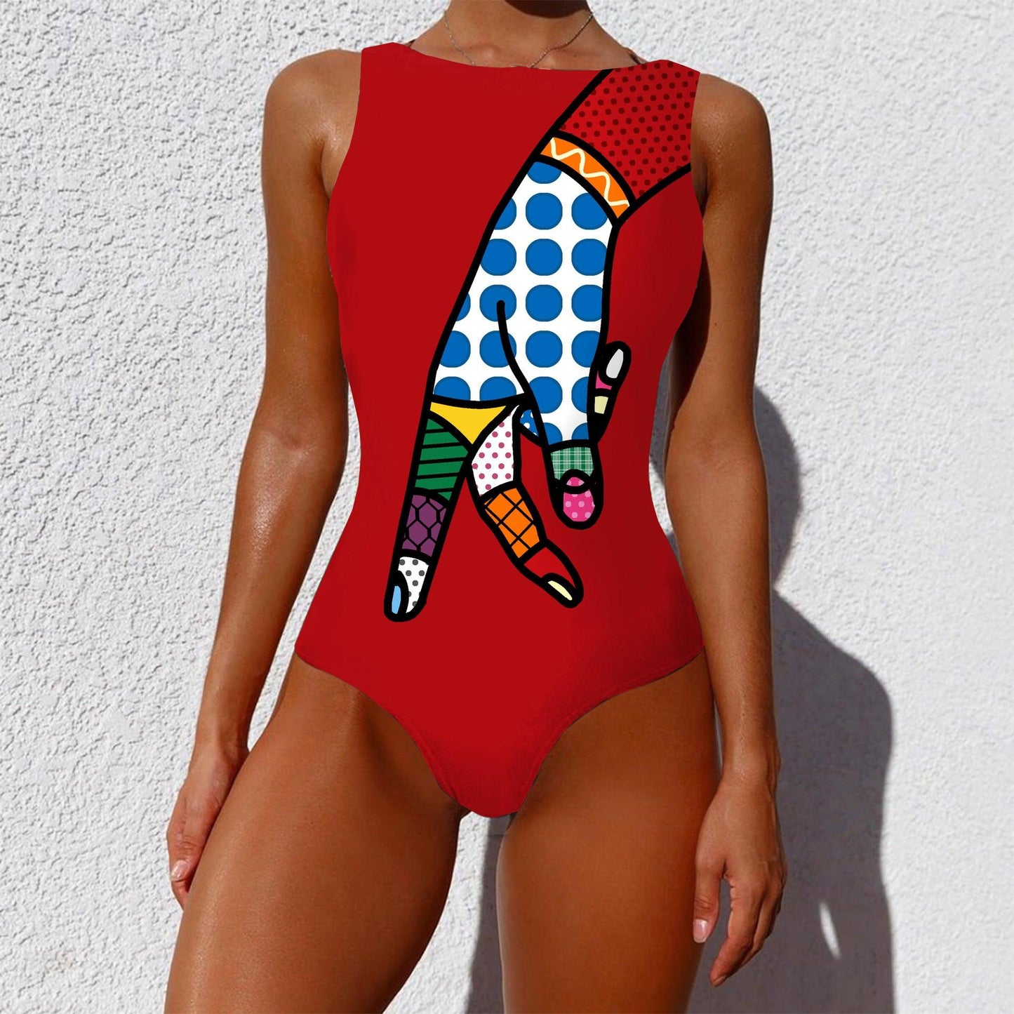 One-piece Fashion Vintage Abstract Print Lady Swimsuit Women Sleeveless Round Neck Bikini Swimwear Summer Push Up Swimsuit - Elite Essence Store