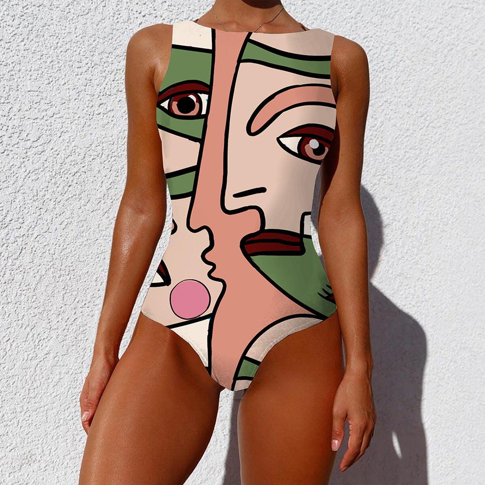 One-piece Fashion Vintage Abstract Print Lady Swimsuit Women Sleeveless Round Neck Bikini Swimwear Summer Push Up Swimsuit - Elite Essence Store